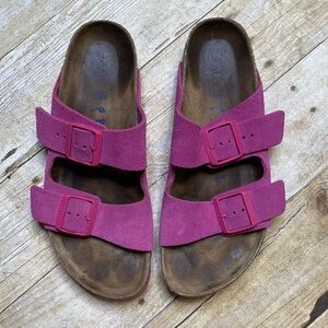 Birkenstock Suede Arizona Soft Foodbed Sandal In Fuchsia Tulip